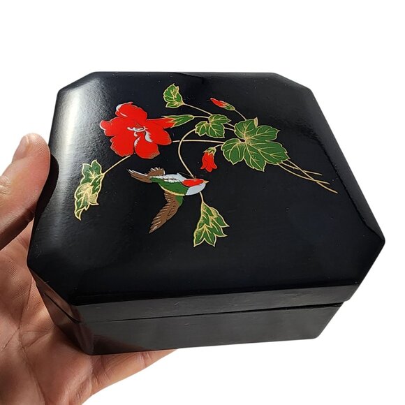 Vintage Japanese Lacquer Trinket Box Black Red Floral Retro Bird Decor Container - Picture 2 of 5